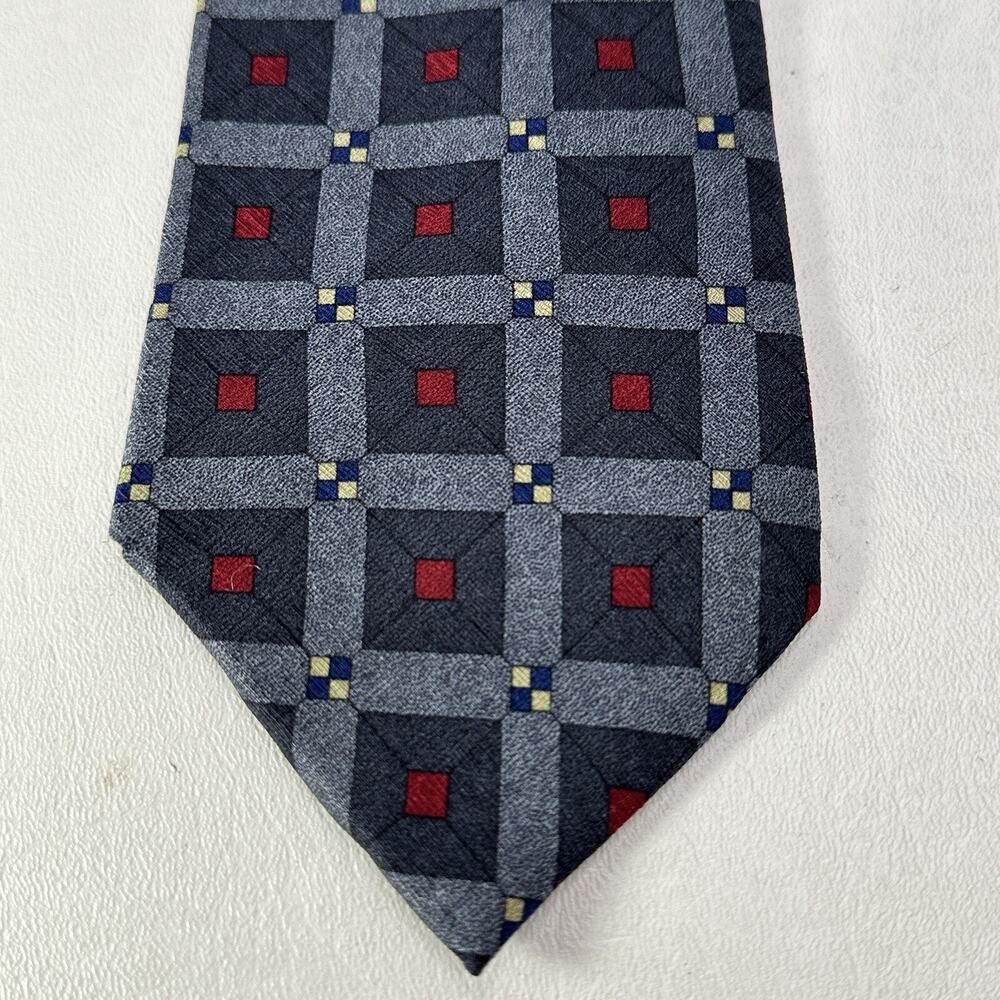 Croft & Barrow Tie Mens 59 in Silk Blue Red Geometric Squares Check Wide